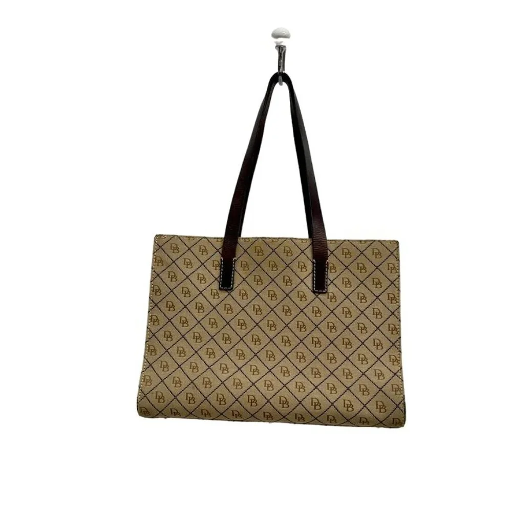 Numbered Dooney & Bourke Beige Logo Tote Bag With Brown Leather Straps and Trim - Picture 2 of 13